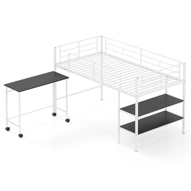 Twin Size Loft Bed with Rolling Desk and Bookshelf Platform Bed Frame