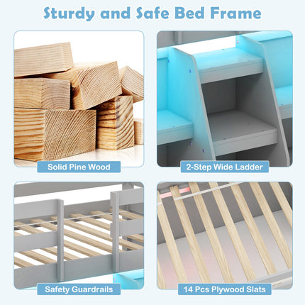 Twin Size Loft Bed with LED Lights with Staircase and Safety Guardrail