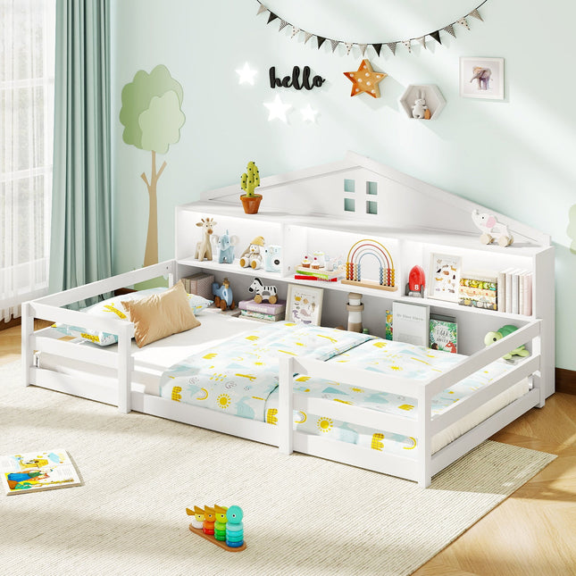 Twin Size Montessori Floor Bed with Storage Compartments and Shelf