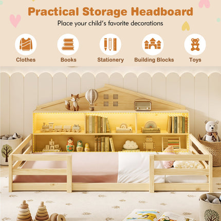 Twin Montessori Floor Bed with Storage and LED Lights
