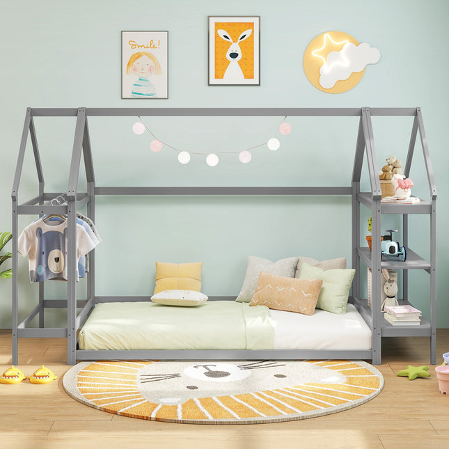 Twin Size Montessori Floor House Bed with Detachable Storage Shelves