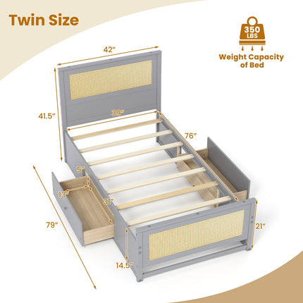 Twin Size Rattan Bed Frame with Storage Drawers