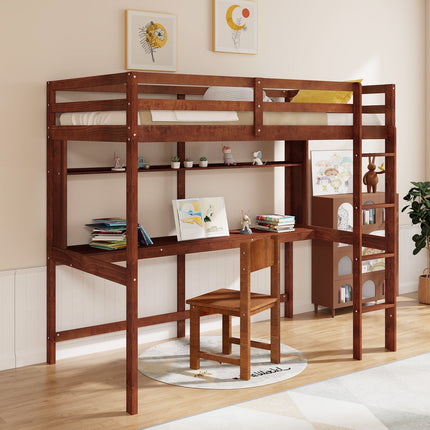 Twin Size Solid Wood Slatted Loft Bed Frame with Safety Guardrail for Kid