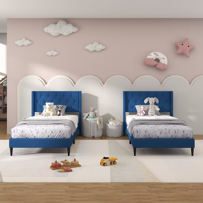 Twin Size Upholstered Platform Bed with Button Tufted Wingback Headboard