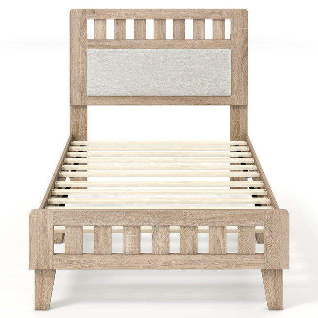 Twin Size Wood Bed Frame with Upholstered Headboard Mid Century Style