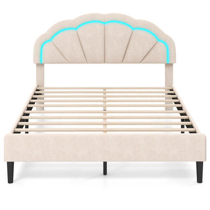 Upholstered LED Bed Frame with Adjustable Flower Headboard and Metal Support Feet-Queen Size