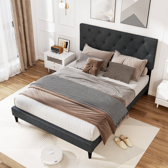 Upholstered Platform Bed with Tufted Headboard and Wooden Slats Gray