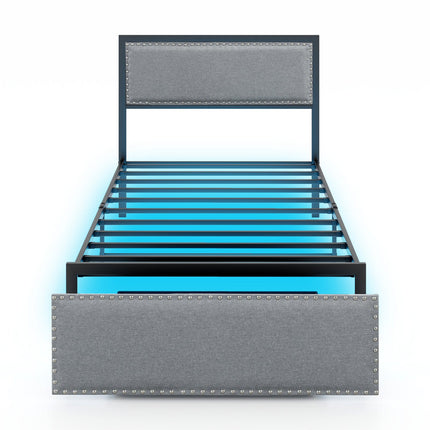 Full/Queen/Twin Size Bed Frame with LED Lights Drawer and Metal Slats