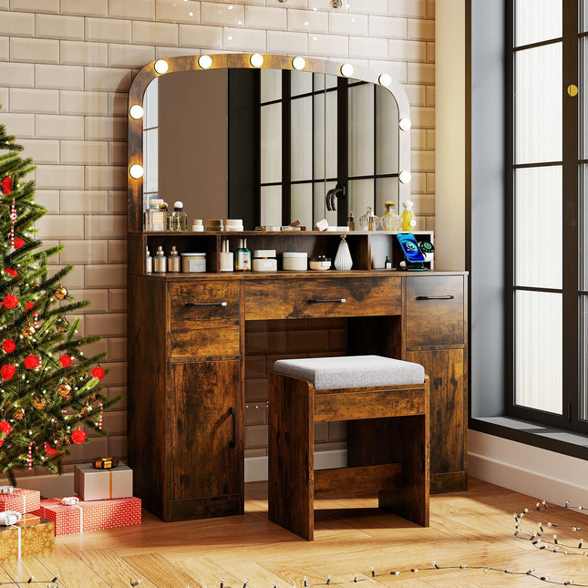 Vanity Desk Makeup Table with Stool 3-Color Lights and Charging Station
