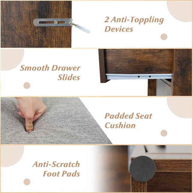 Vanity Desk Makeup Table with Stool 3-Color Lights and Charging Station