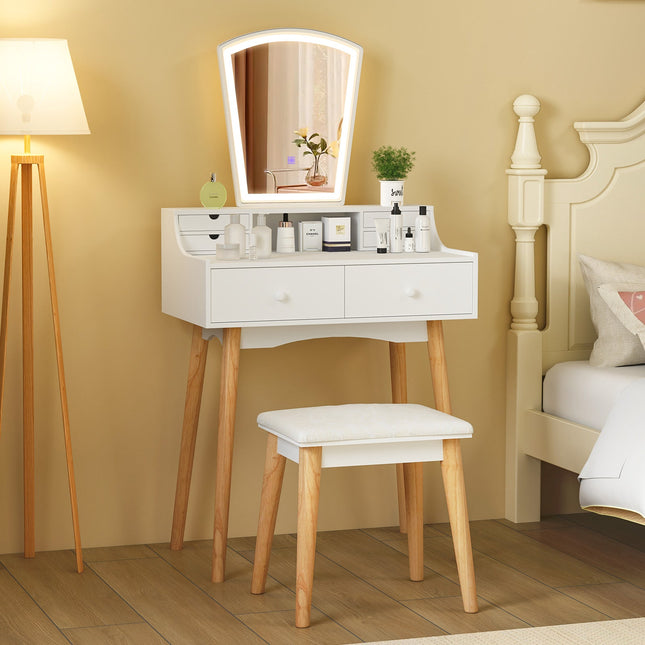 Vanity Desk Set with 3-Color Adjustable LED Lighted Mirror and Drawers-White