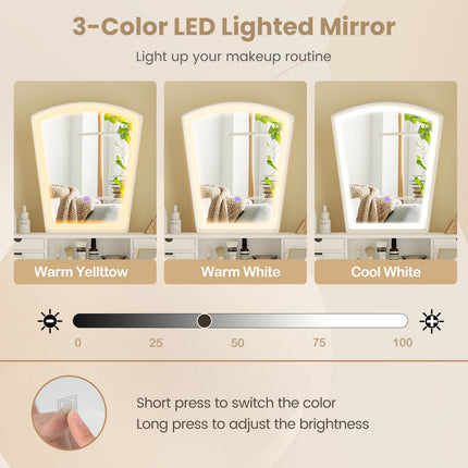 Vanity Desk Set with 3-Color Adjustable LED Lighted Mirror and Drawers-White