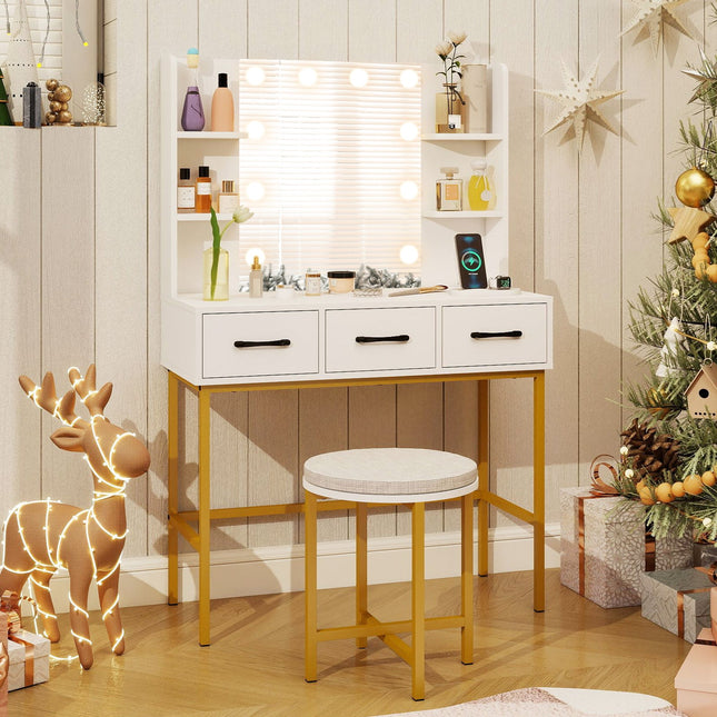 Vanity Desk with Mirror and Lights Makeup Dressing Table and Cushioned Stool Set-White