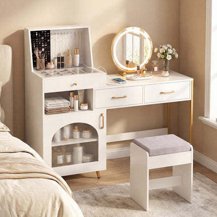 Vanity Desk with Lighted Mirror, Storage & Cushioned Stool