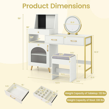 Vanity Desk with Lighted Mirror, Storage & Cushioned Stool
