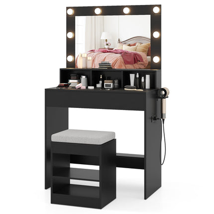 Vanity Table Set with Lighted Mirror and Cushion Stool