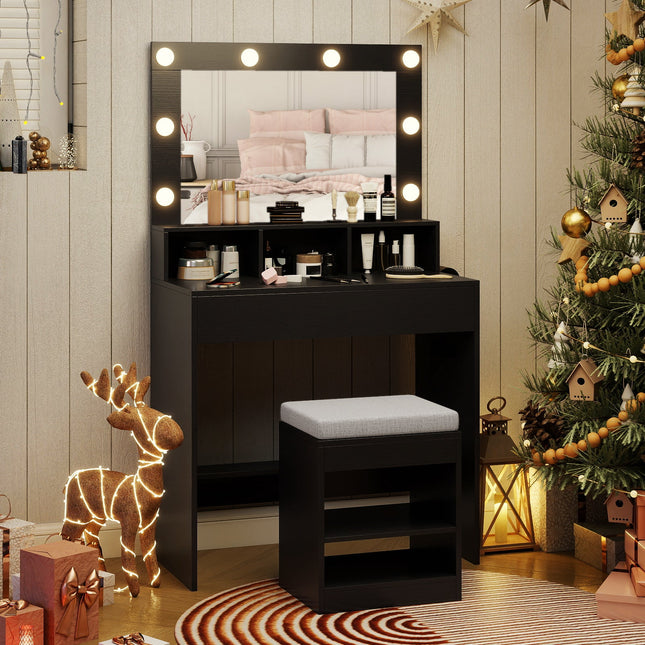Vanity Table Set with Lighted Mirror and Cushion Stool