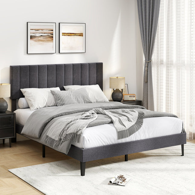 Velvet Upholstered Platform Bed with Height Adjustable Vertical Channel Headboard