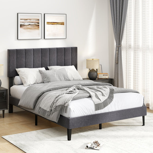 Velvet Upholstered Platform Bed with Height Adjustable Vertical Channel Headboard