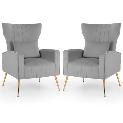 Velvet Upholstered Wingback Chair with Lumbar Pillow and Golden Metal Legs