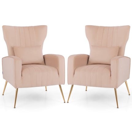 Velvet Upholstered Wingback Chair with Lumbar Pillow and Golden Metal Legs