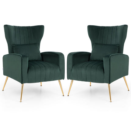 Velvet Upholstered Wingback Chair with Lumbar Pillow and Golden Metal Legs