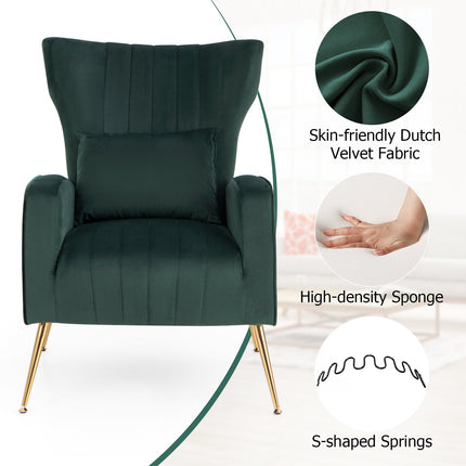 Velvet Upholstered Wingback Chair with Lumbar Pillow and Golden Metal Legs