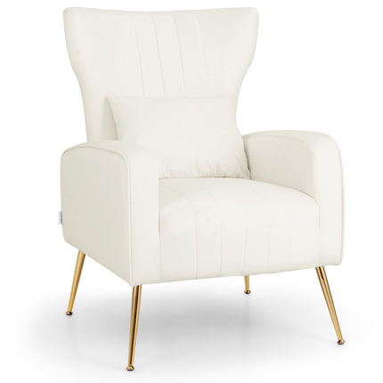 Velvet Upholstered Wingback Chair with Lumbar Pillow and Golden Metal Legs