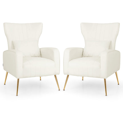 Velvet Upholstered Wingback Chair with Lumbar Pillow and Golden Metal Legs