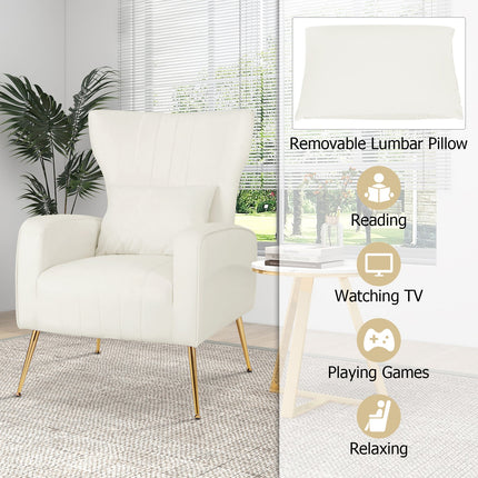 Velvet Upholstered Wingback Chair with Lumbar Pillow and Golden Metal Legs