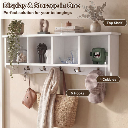 Wall-Mounted Coat Rack with 4 Cubbies and 5 Double Hooks