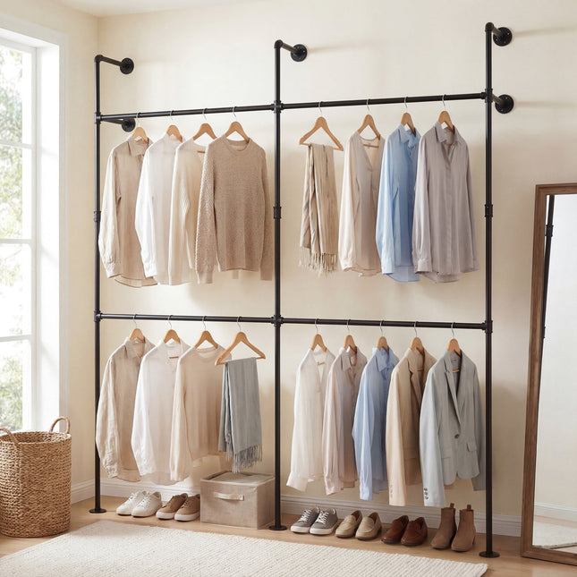 Wall Mounted Pipe Clothing Rack with 4 Hanging Rods