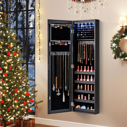 Wall or Door Mounted Jewelry Cabinet with Full-Length Mirror and LED Lights