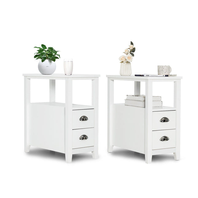 Set of 2 End Table Wooden with 2 Drawer & Shelf Bedside Table
