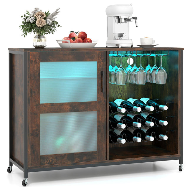 Wine Bar Cabinet with LED Light and Adjustable Shelves-Rustic Brown