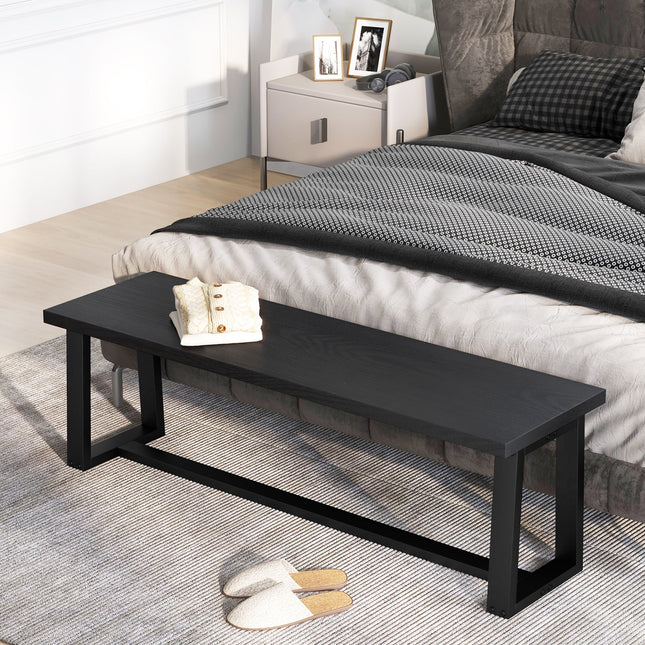 Wood Dining Bench with Metal Frame and Adjustable Footpads