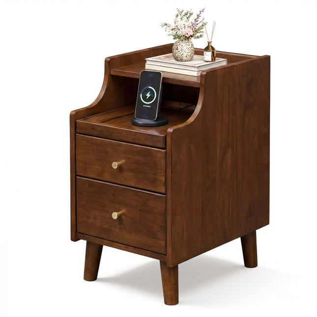 Wood Nightstand with Drawers and Solid Wood Legs for Bedroom