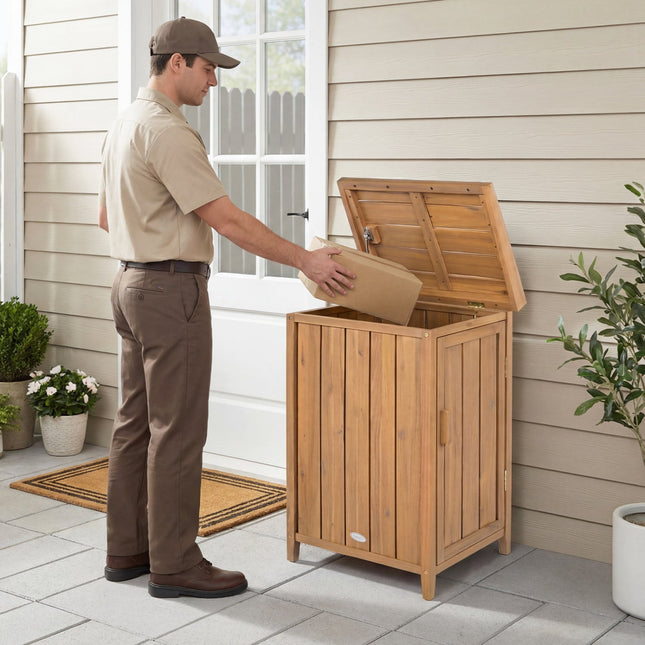 Wood Package Delivery Box with Openable Lid and Removable Shelf for Garden