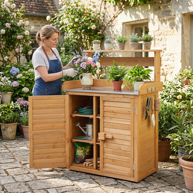 Wood Potting Bench with Stainless Steel Top and Storage