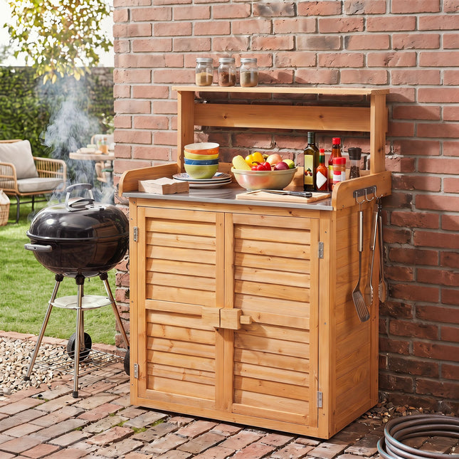 Wood Potting Bench with Stainless Steel Top and Storage