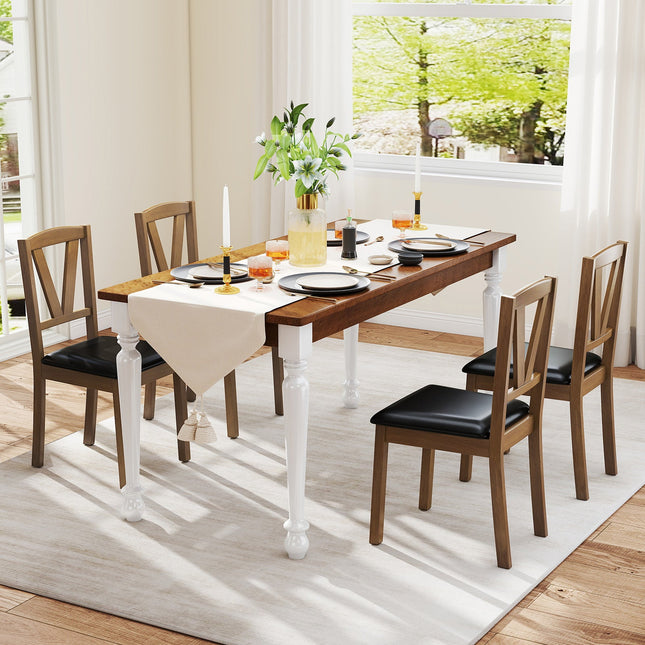 Wooden Dining Chair Set of 2 with PU Leather Upholstered and Rubber Wood Frame-Brown