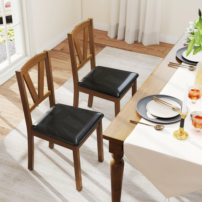 Wooden Dining Chair Set of 2 with PU Leather Upholstered and Rubber Wood Frame-Brown