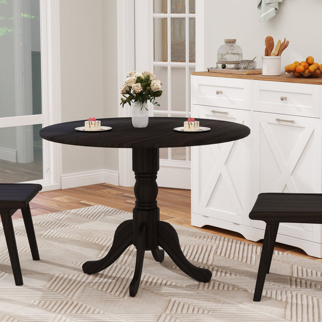 Wooden Dining Table with Round Tabletop and Curved Trestle Legs