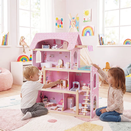 Wooden Dollhouse with 33 Furniture Pieces - 3 Story Playhouse
