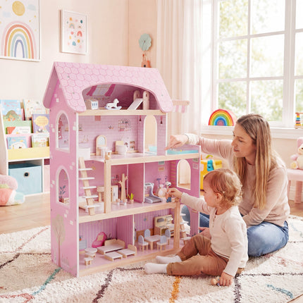 Wooden Dollhouse with 33 Furniture Pieces - 3 Story Playhouse