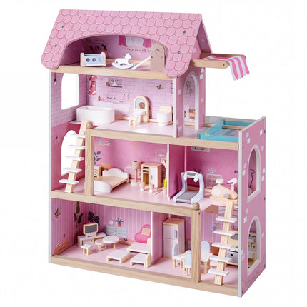 Wooden Dollhouse with 33 Furniture Pieces - 3 Story Playhouse