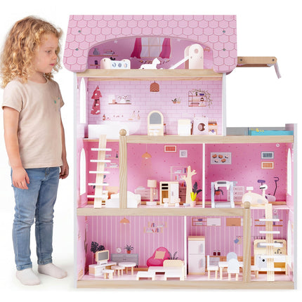 Wooden Dollhouse with 33 Furniture Pieces - 3 Story Playhouse