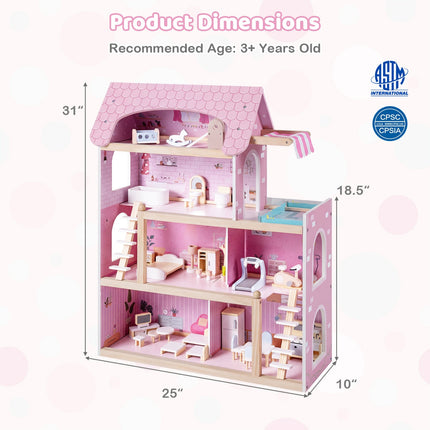 Wooden Dollhouse with 33 Furniture Pieces - 3 Story Playhouse