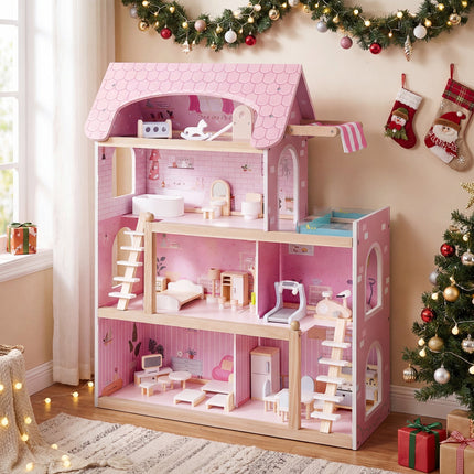 Wooden Dollhouse with 33 Furniture Pieces - 3 Story Playhouse