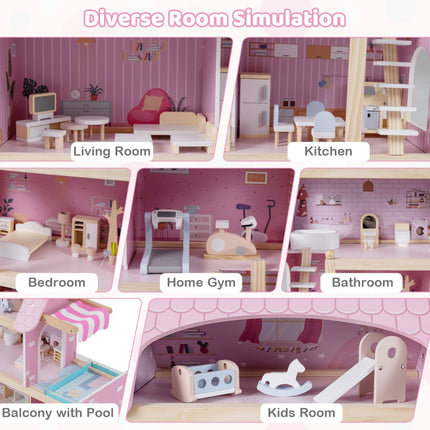 Wooden Dollhouse with 33 Furniture Pieces - 3 Story Playhouse